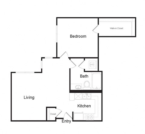 Floor plan for 1 bed, 1 bath, 610 sqft